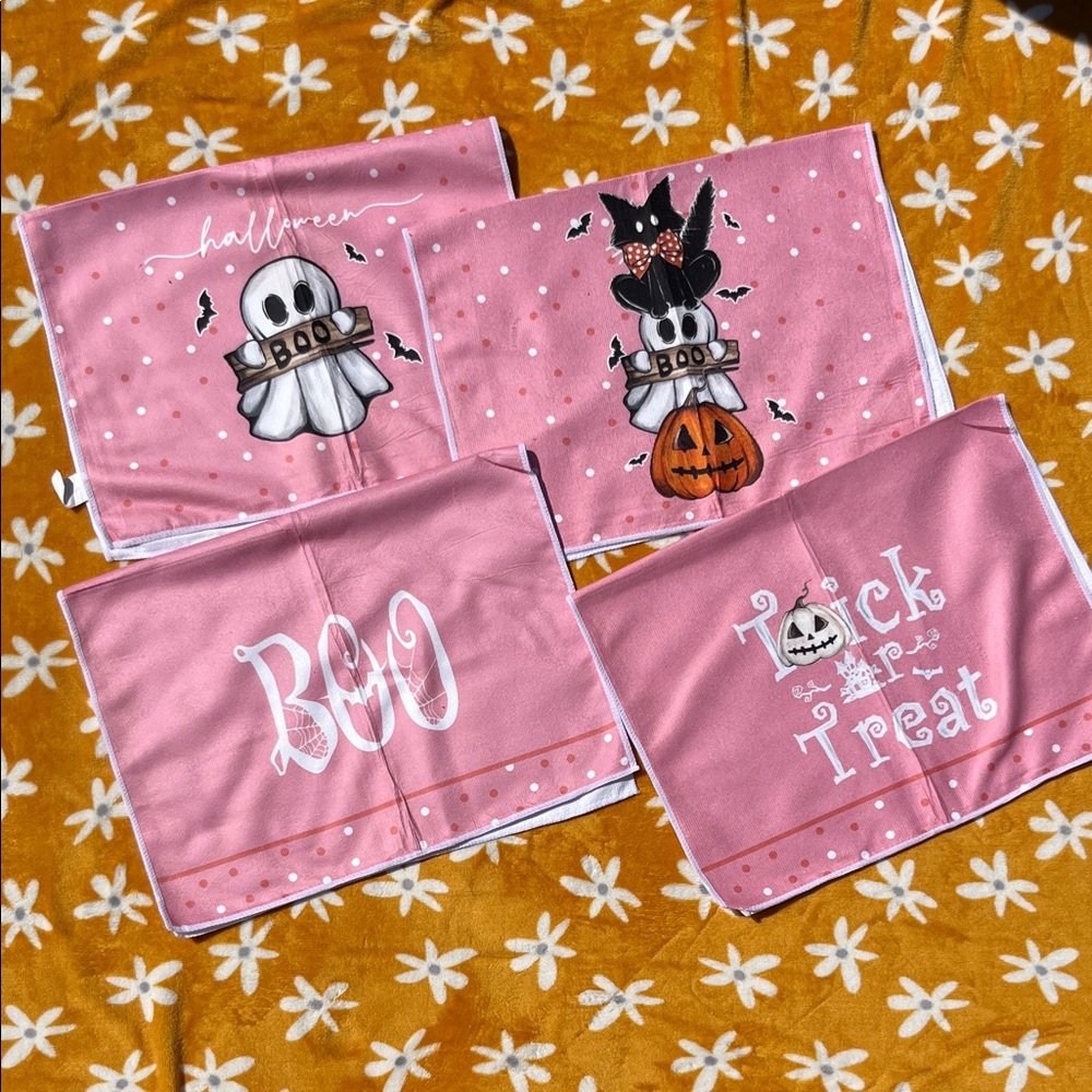 NEW Set of 4 Pink Themed Spooky Cute Ghost Black Cat Kitchen Towels Halloween